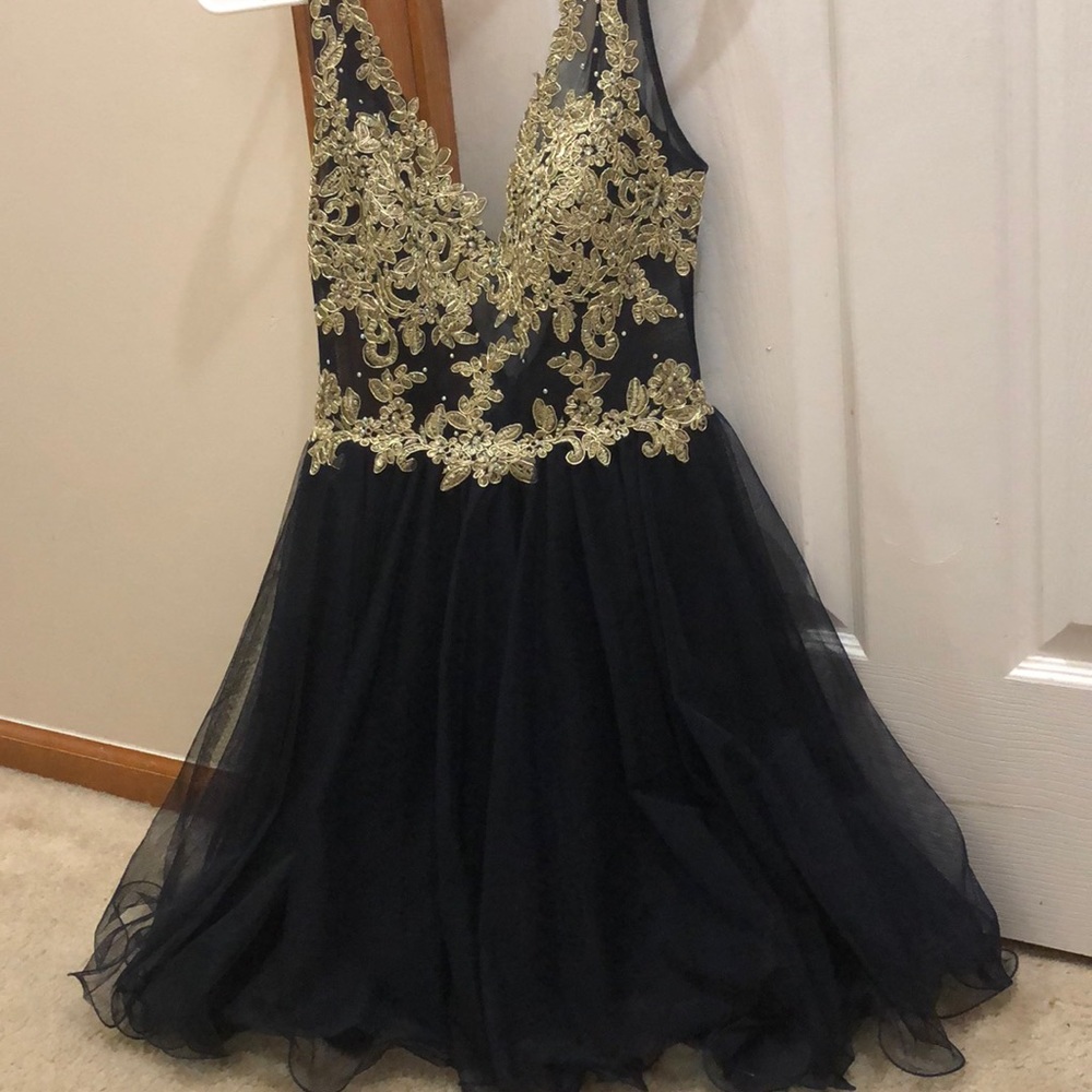 Navy blue dress with gold accents